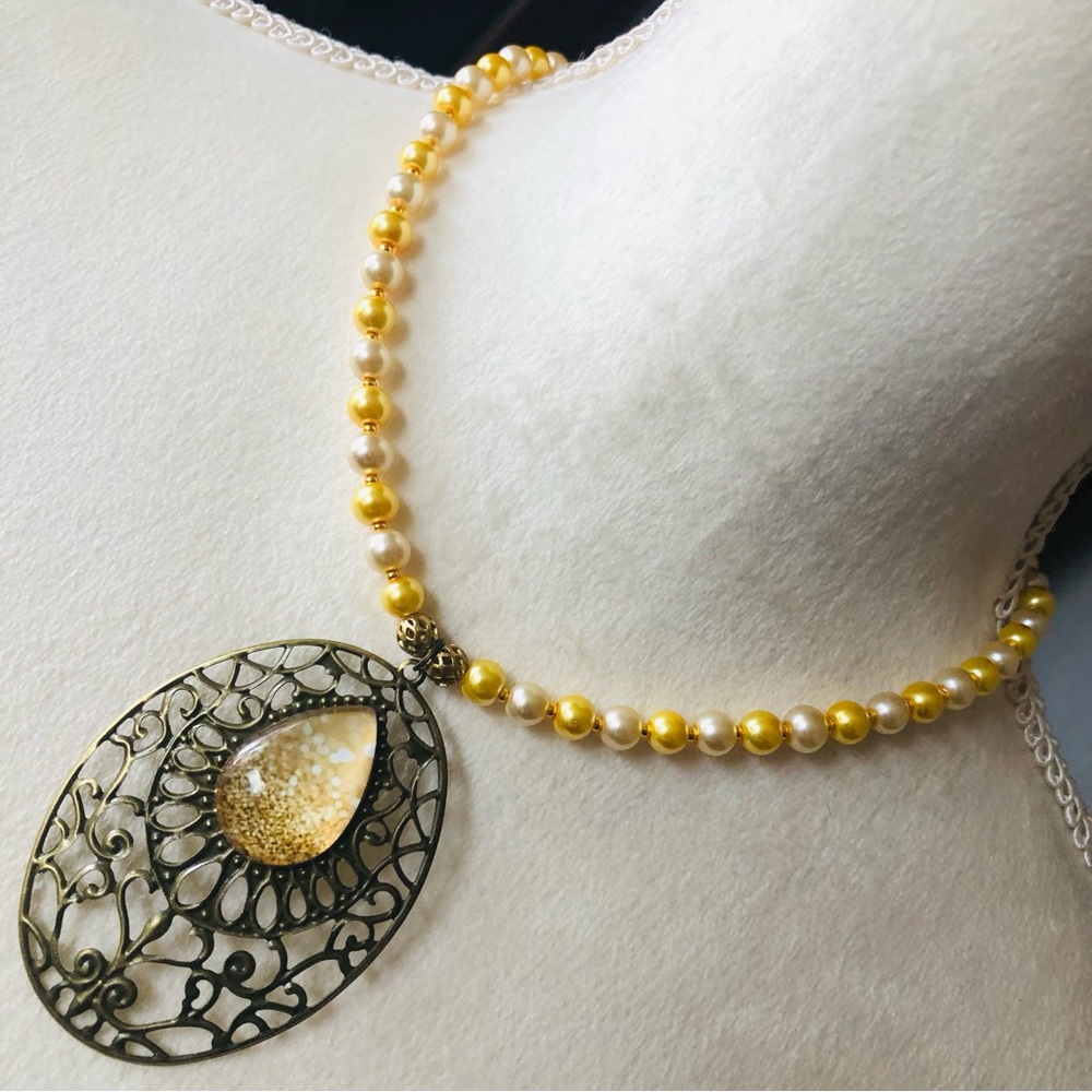Handcrafted repurpose large filigree pendant Czech glass Pearl necklace